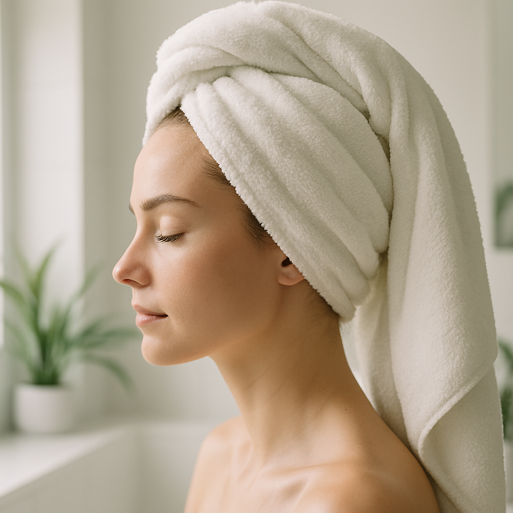 A minimalist bathroom scene with a bamboo hair turban wrap neatly folded.