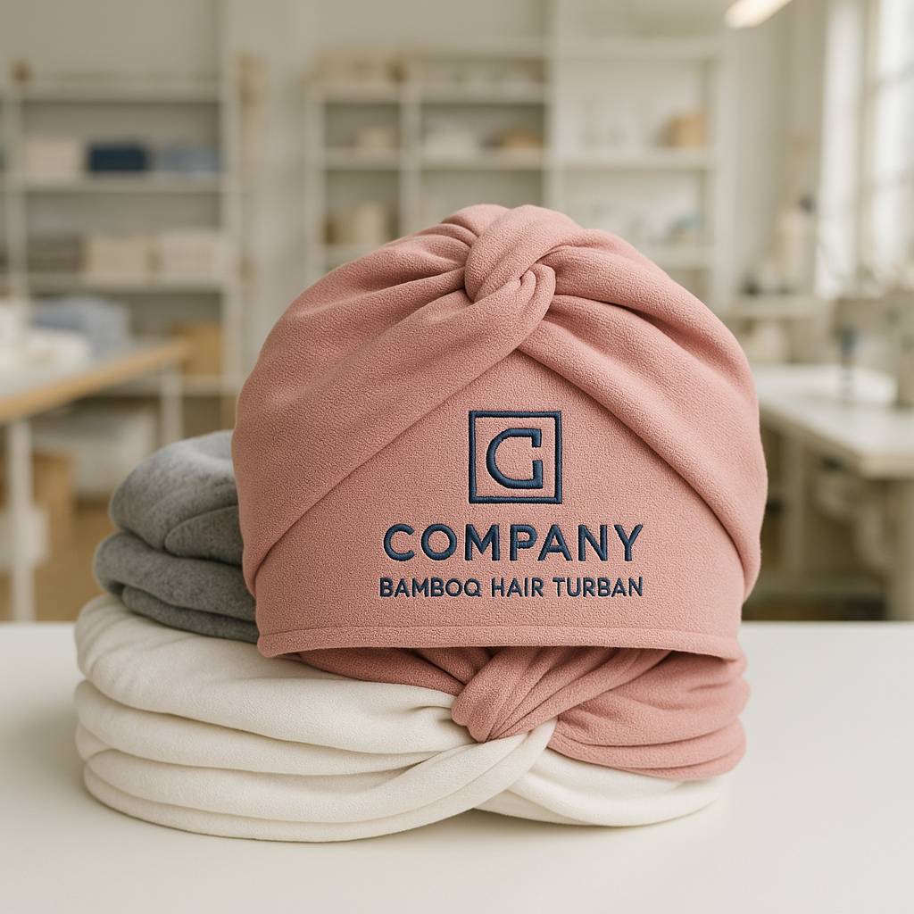 A collection of bamboo hair turbans in different colors with custom embroidered logos.