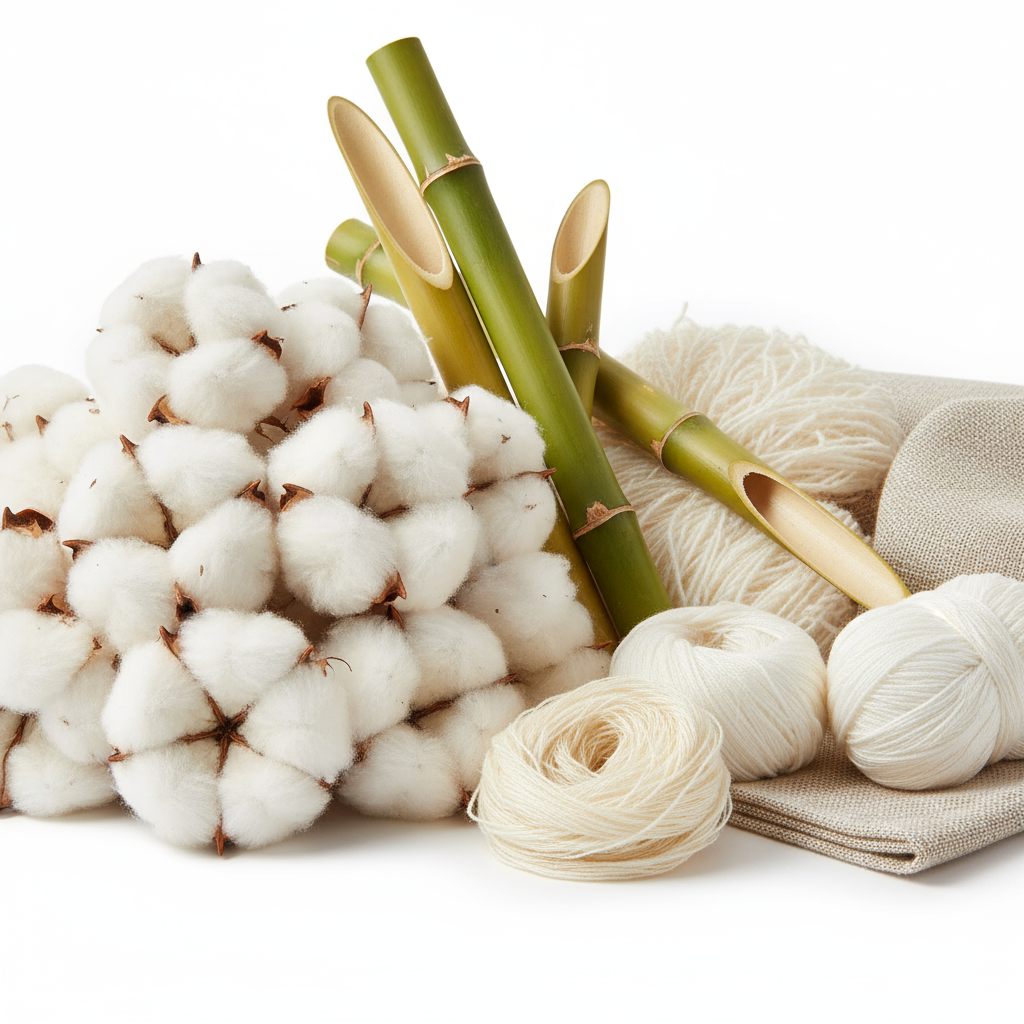 Premium cotton raw materials and bamboo fiber materials showing natural cotton bales and bamboo stalks for textile production