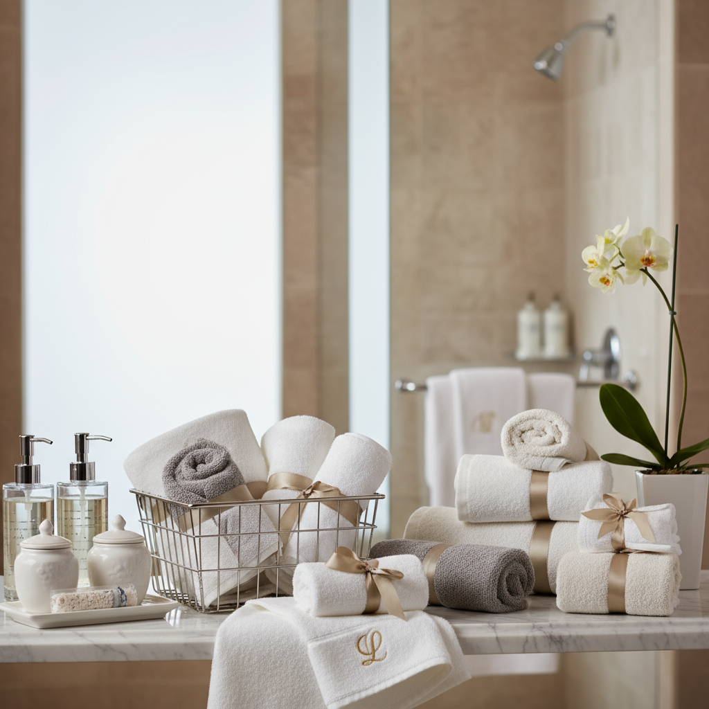 Premium hotel towels display showcasing luxury hotel amenities with high-quality cotton and bamboo towels in elegant presentation
