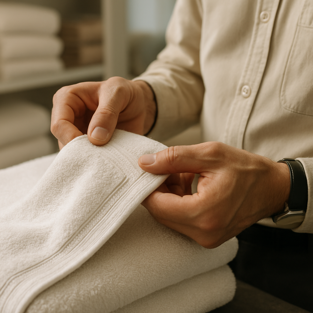 A quality control inspector examining a premium towel with a magnifying glass, checking the weave and stitching quality.