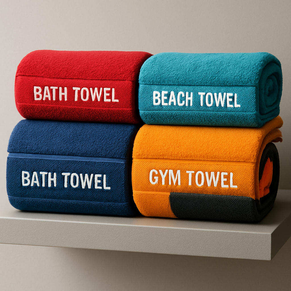 A product showcase of custom towels with various logos and designs, including embroidery and jacquard.