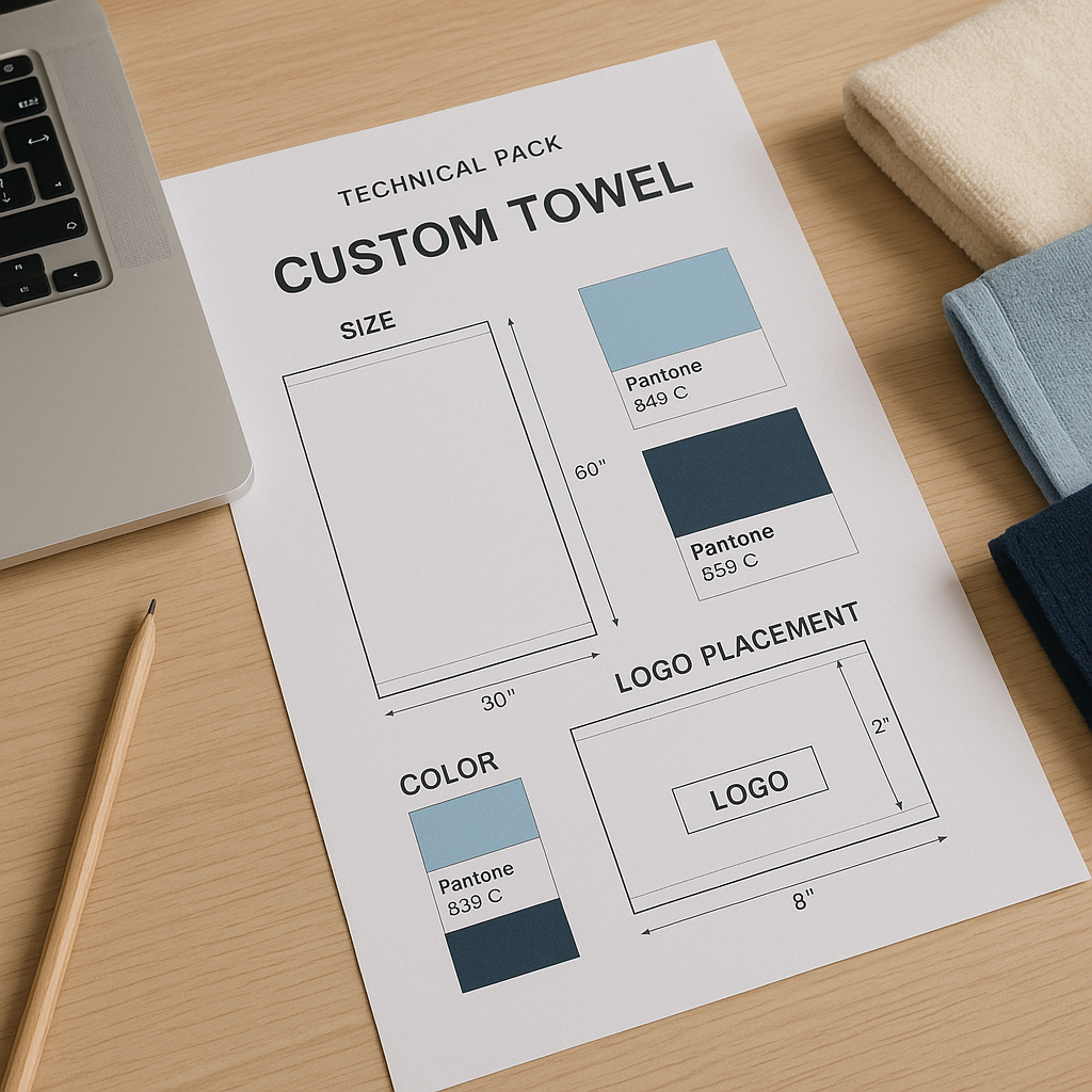 A designer's desk showing a detailed towel tech pack with material specifications, color pantones, and logo placement details.