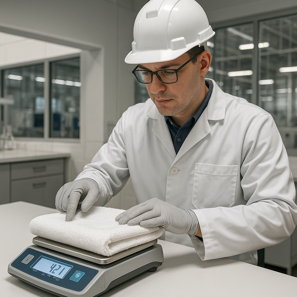 A technician using a digital scale to perform a GSM weight measurement on a towel sample as part of quality control.