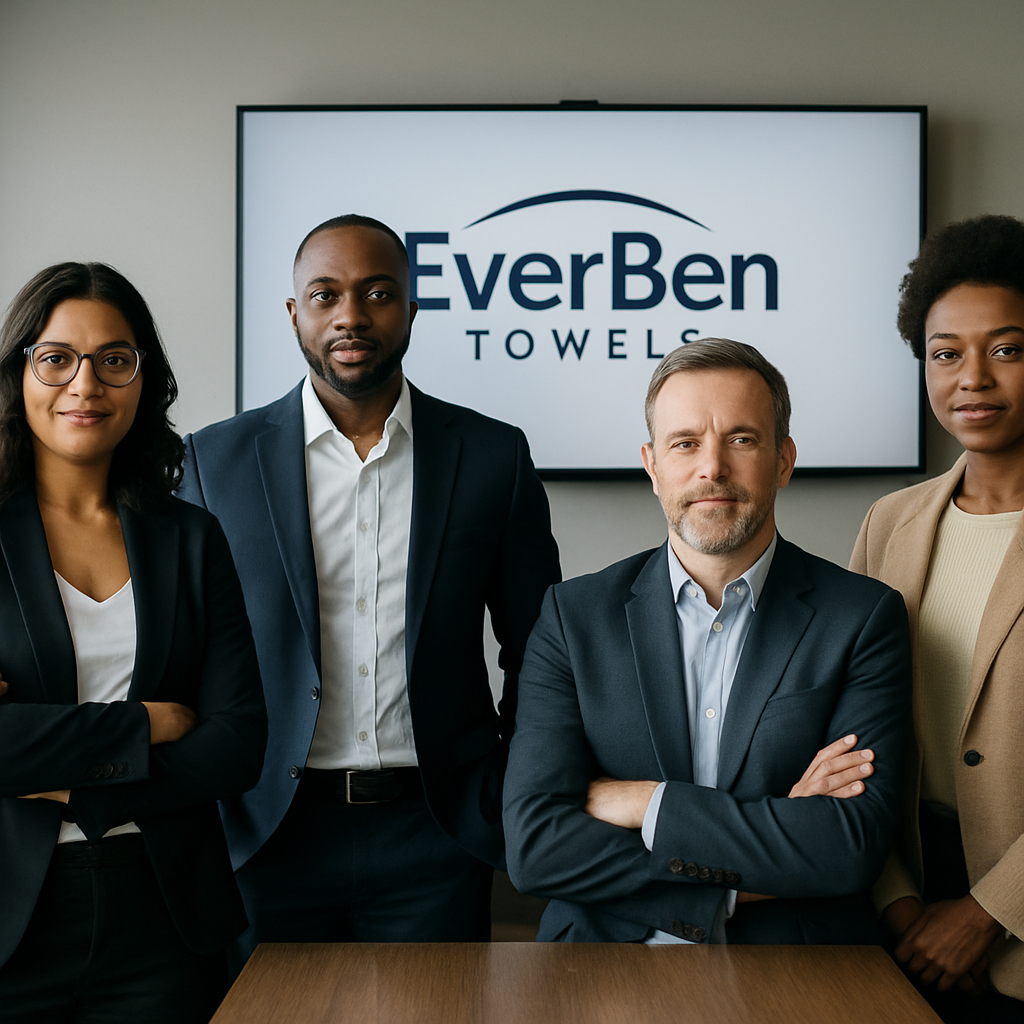 The professional EverBen Towels team in a meeting, discussing product quality and client needs.