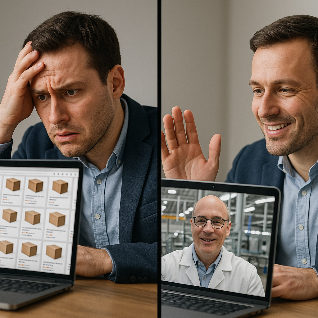 A split-screen comparison showing a frustrated business owner with damaged goods versus a satisfied owner with perfect products.