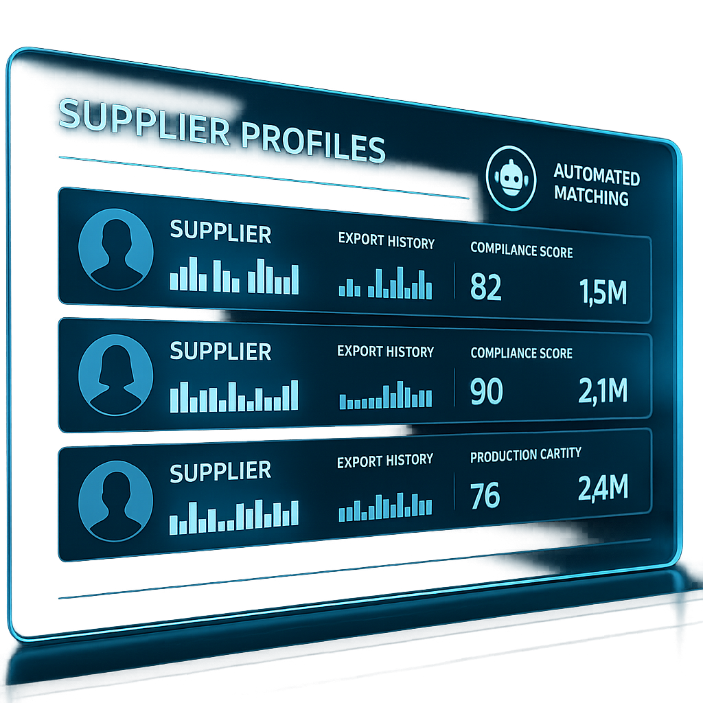 A futuristic AI dashboard analyzing and matching global suppliers.