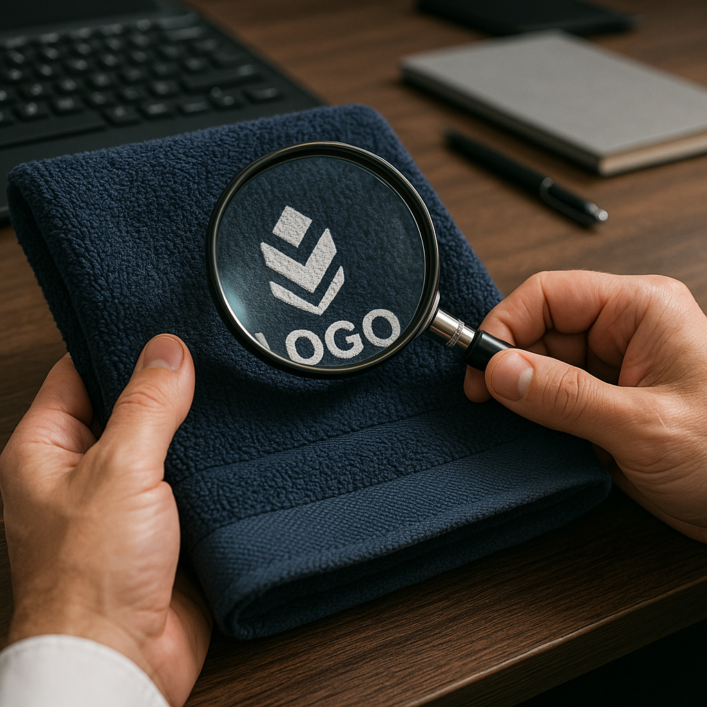 A quality control expert meticulously inspecting a finished towel with measuring tools.