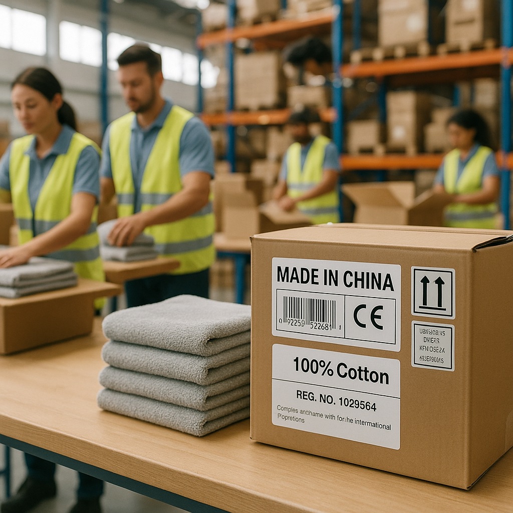 Warehouse with pallets of boxed towels ready for export