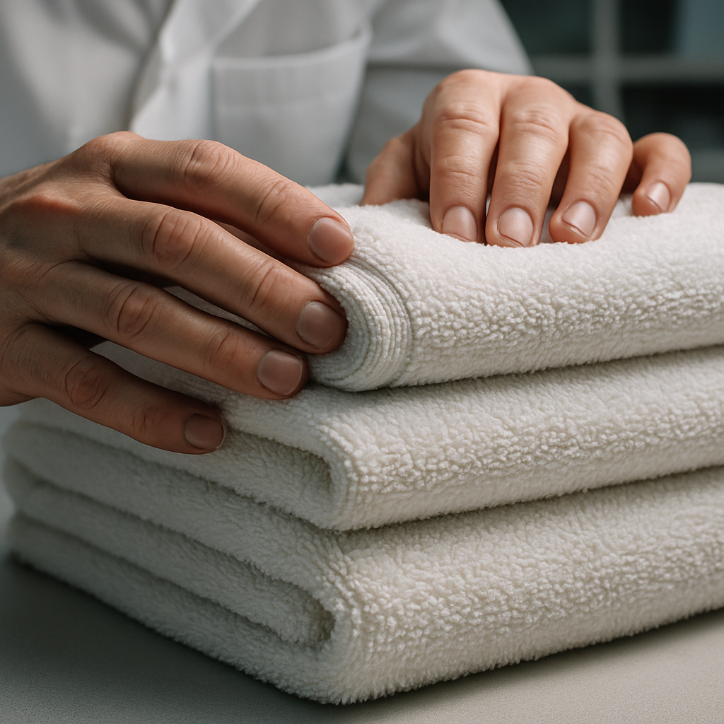 Macro shot of a quality inspector checking the fabric and stitching of a towel