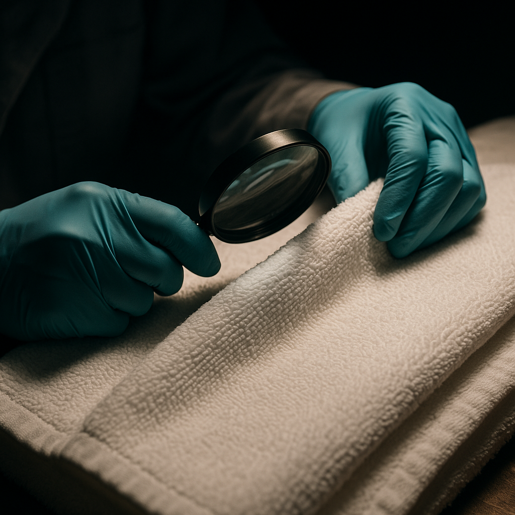 A quality control inspector meticulously checking a white hotel towel for defects.