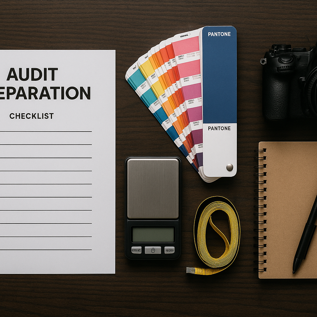 An audit preparation kit including a notebook, camera, color swatches, and a GSM scale laid out on a table.
