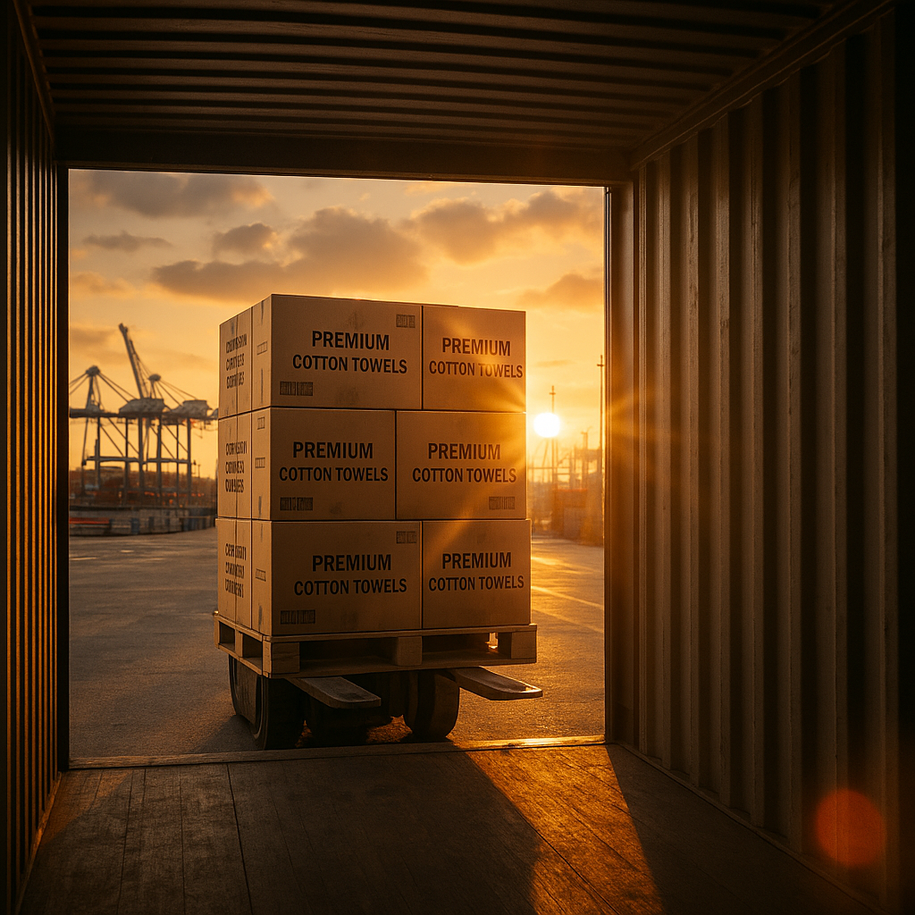 A shipping container being loaded with boxes of premium towels at a port during sunset.