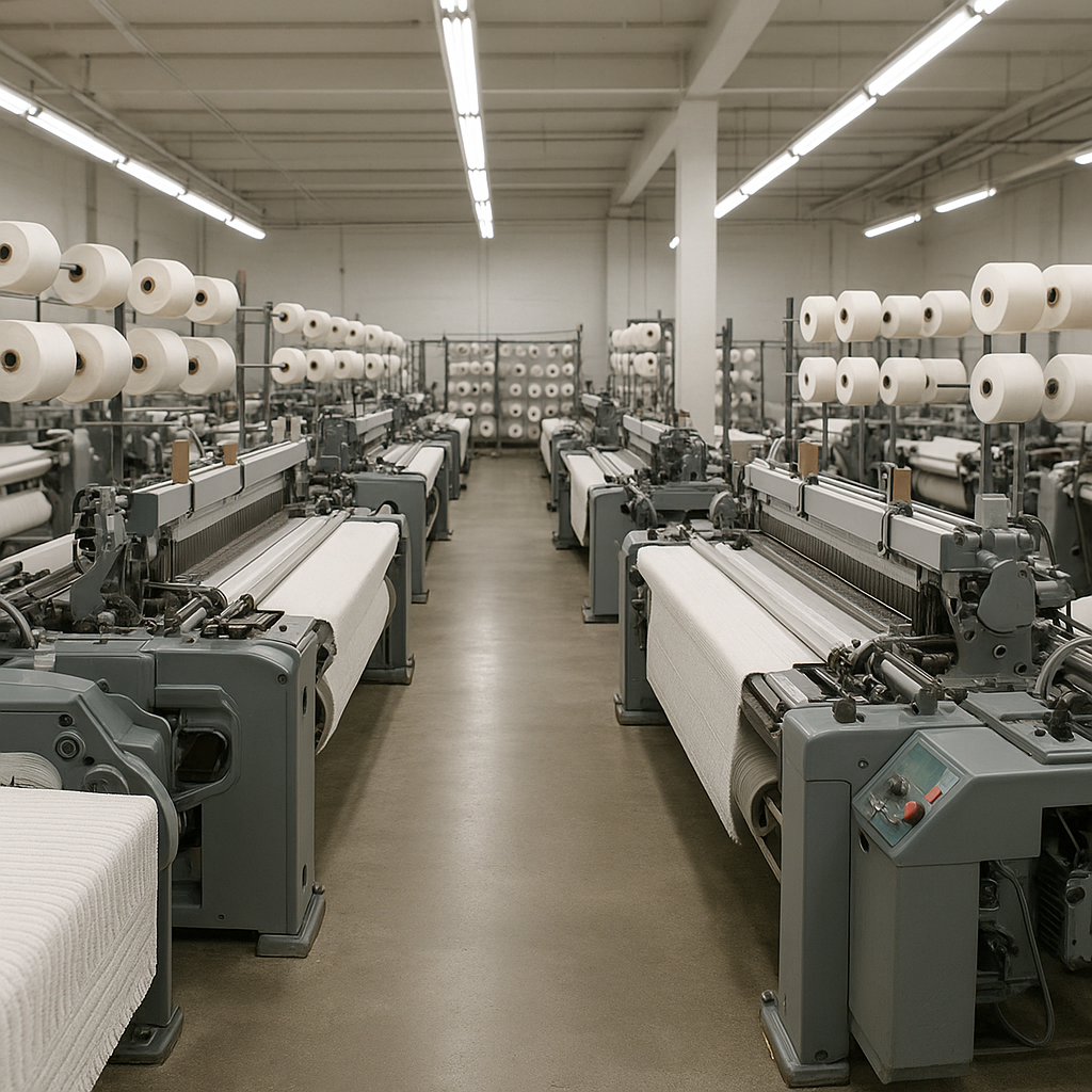 A wide shot of a modern and clean towel weaving workshop with automated looms in operation.
