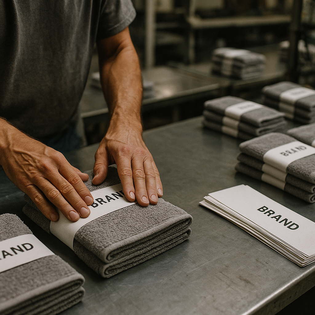 A worker carefully packaging finished towels with custom belly bands on a production line.
