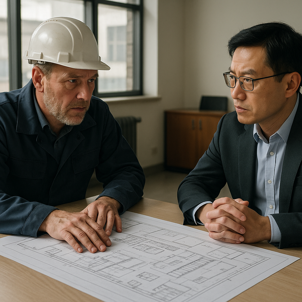 A professional business meeting where a buyer and factory manager discuss towel samples.