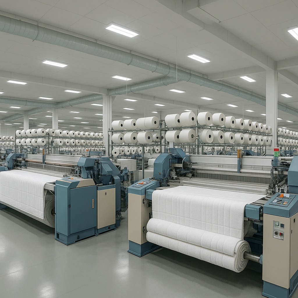 A clean, modern textile factory in China with automated machinery.