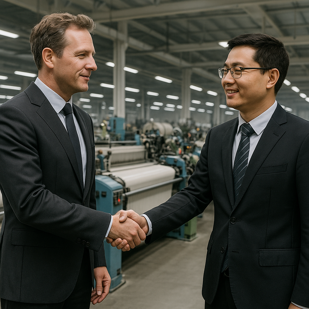 A handshake sealing a business partnership in front of a factory setting.