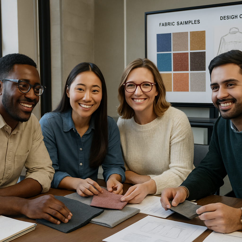 A group of diverse textile experts collaborating over fabric samples and designs.