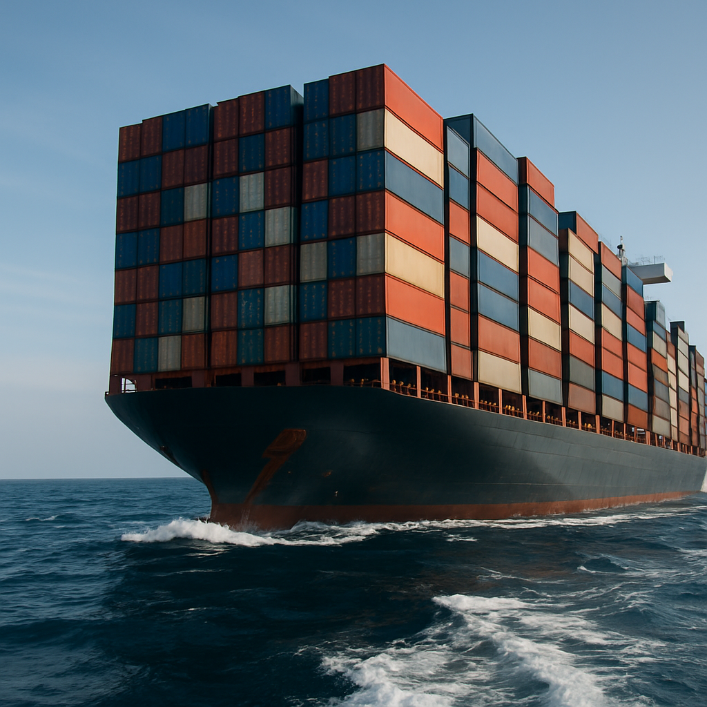 A massive container ship on the ocean, representing international freight and logistics.