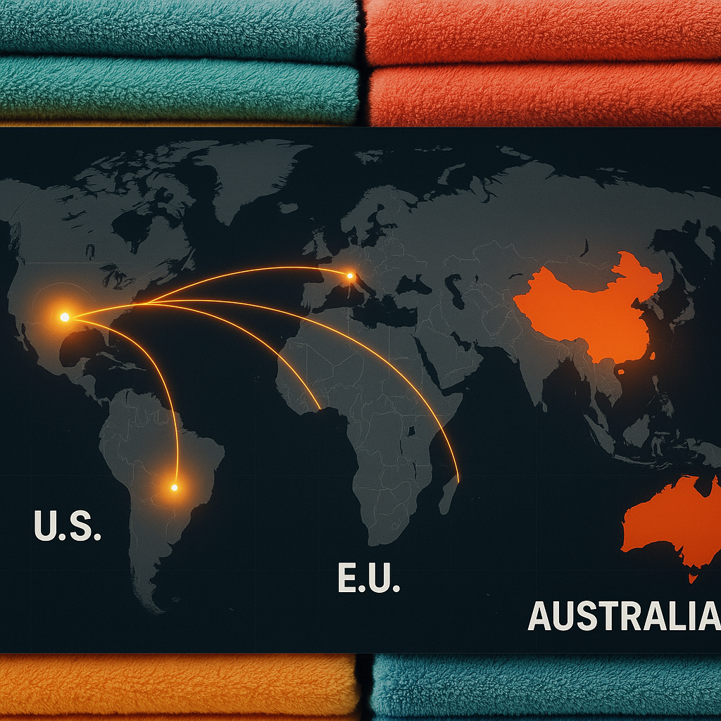 A stylized global map highlighting trade routes for towels from China to the rest of the world.