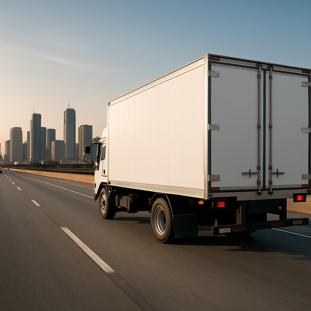A delivery truck on a city street, representing final mile domestic transportation.