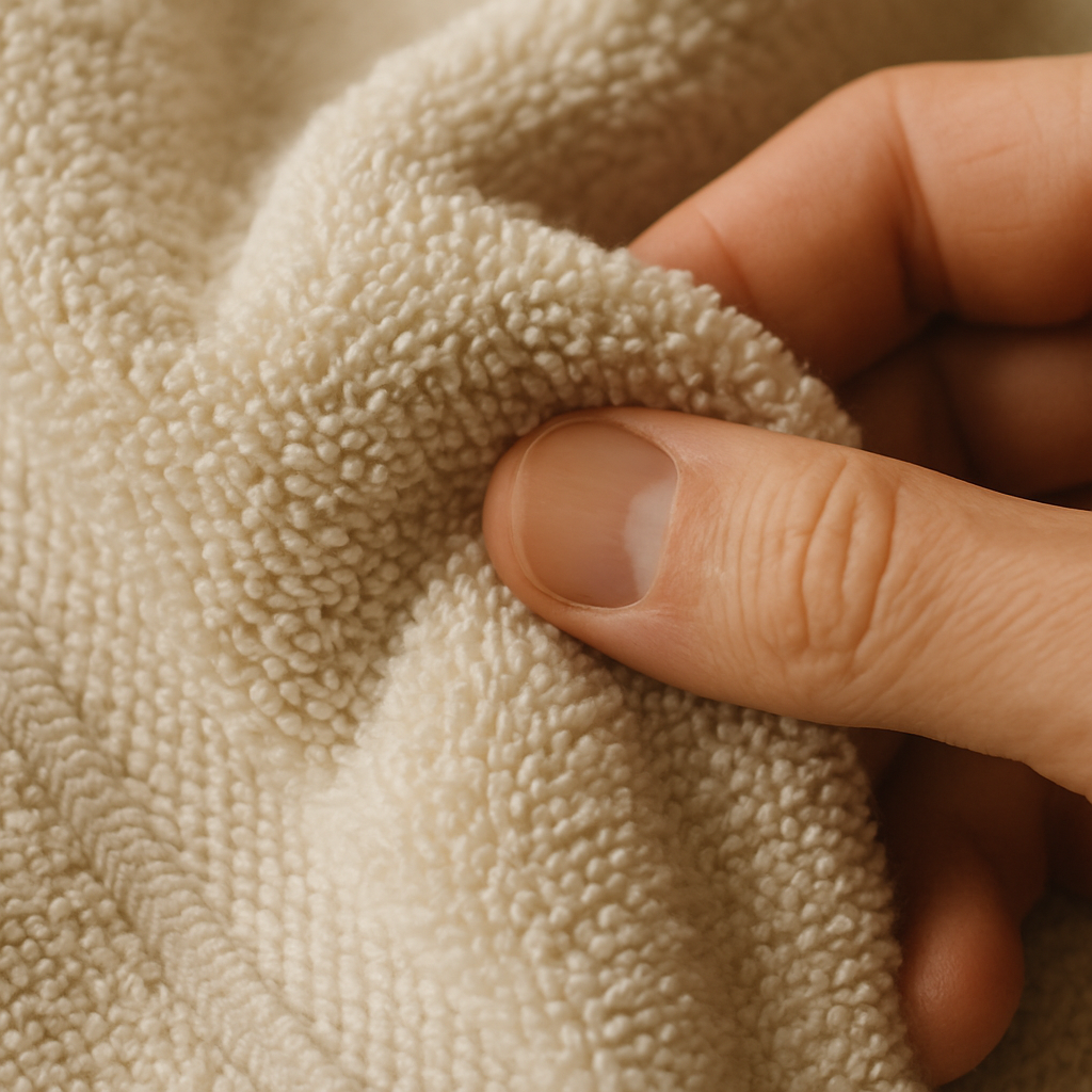 A close-up inspection of a towel's texture and weave, highlighting product quality.