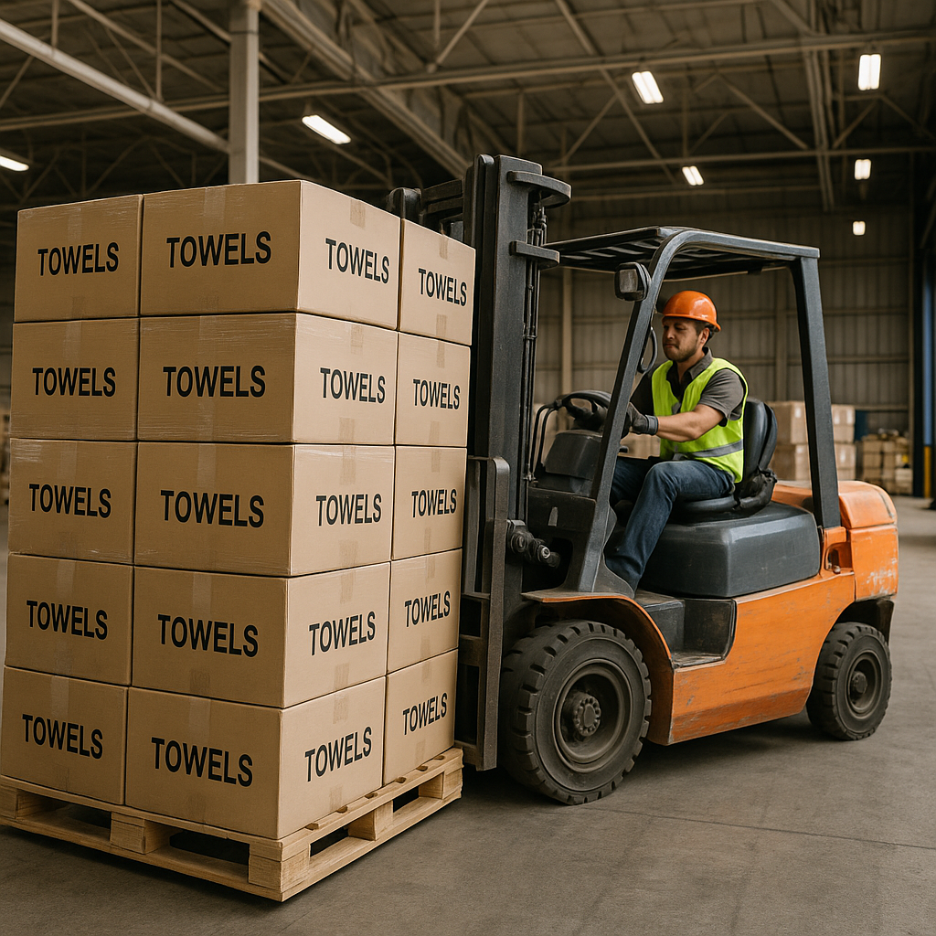A forklift moving pallets of boxed towels in a large, clean port warehouse.