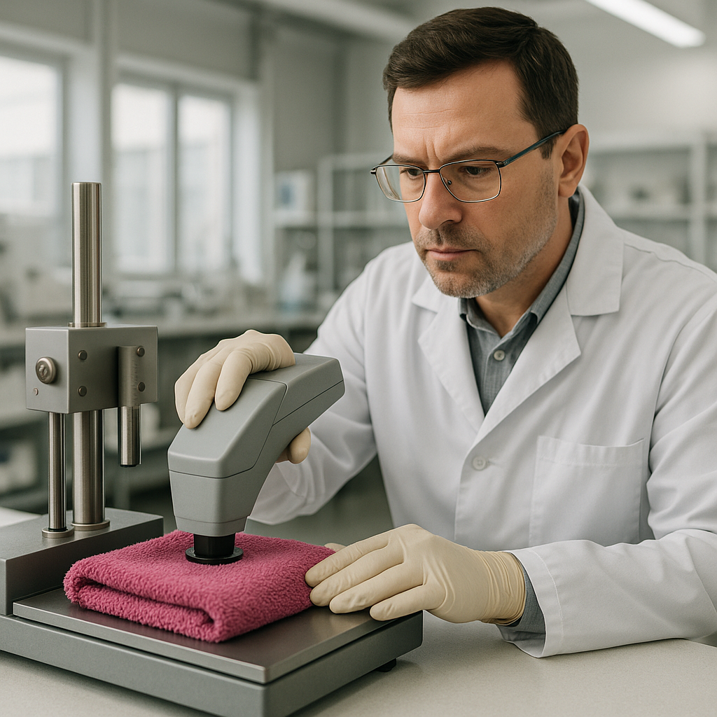 A quality control inspector meticulously checking the fabric of towels on a production line.