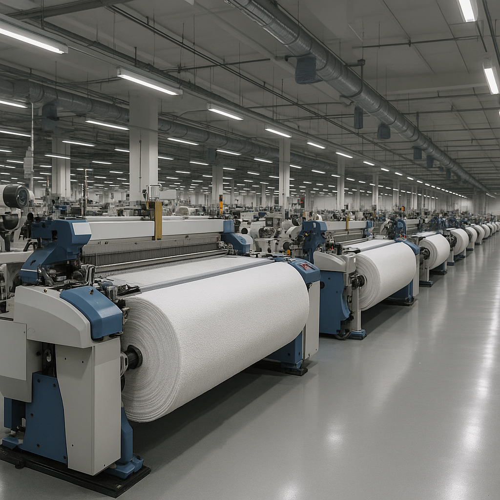 A modern, automated textile factory with weaving looms in operation.