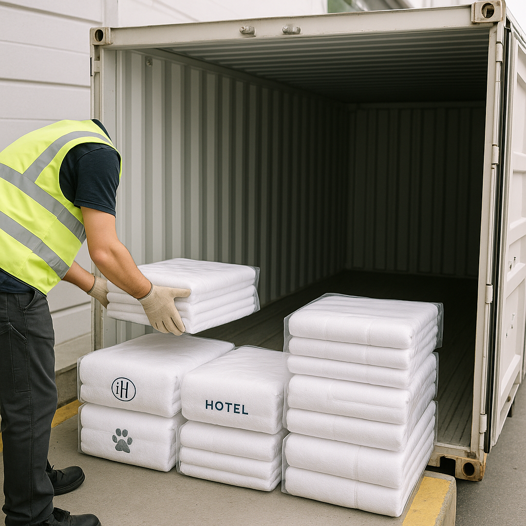Shipping containers with custom towel orders being prepared for international export.