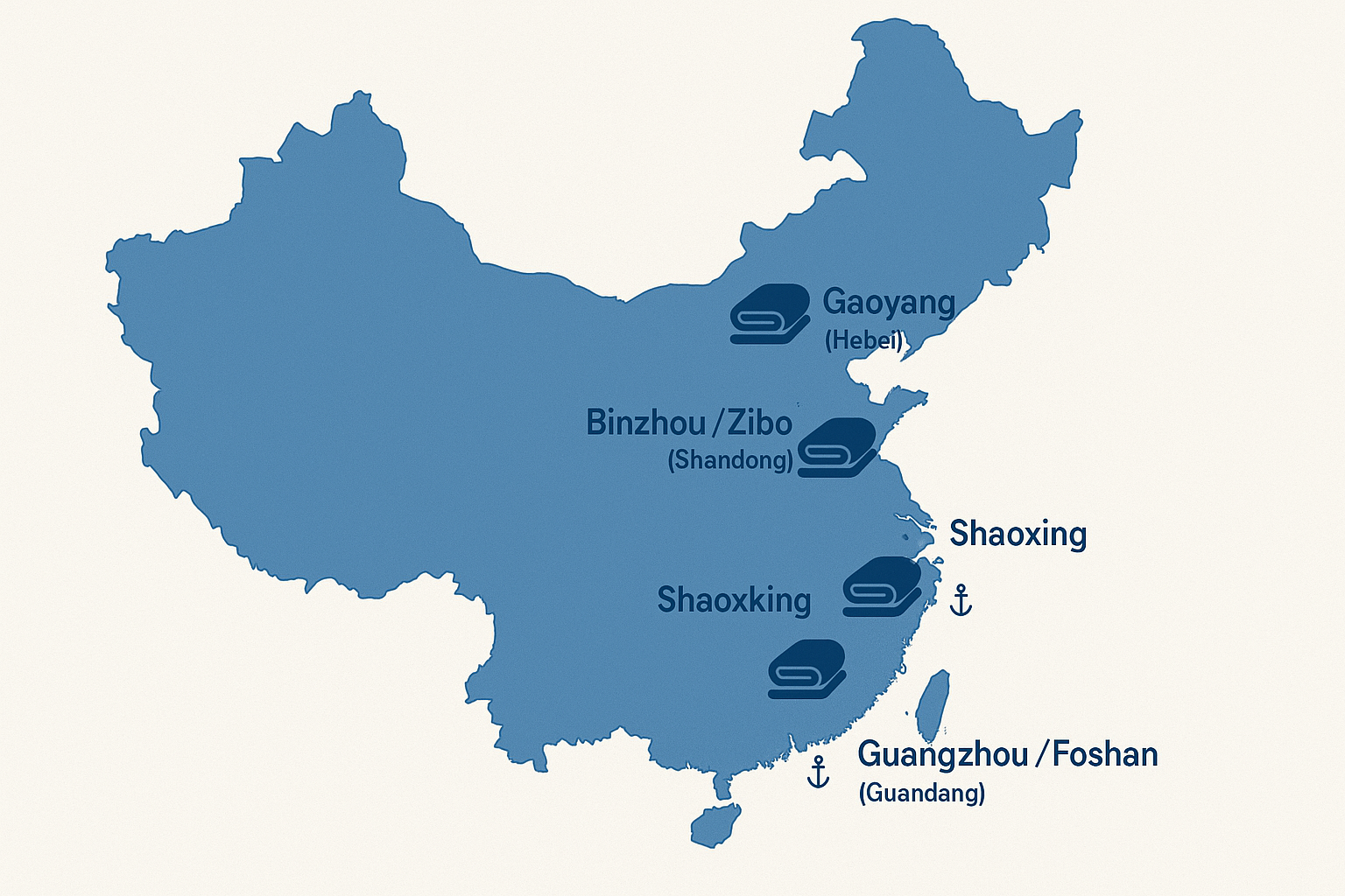 Map of China's main towel manufacturing regions including Gaoyang and Nantong