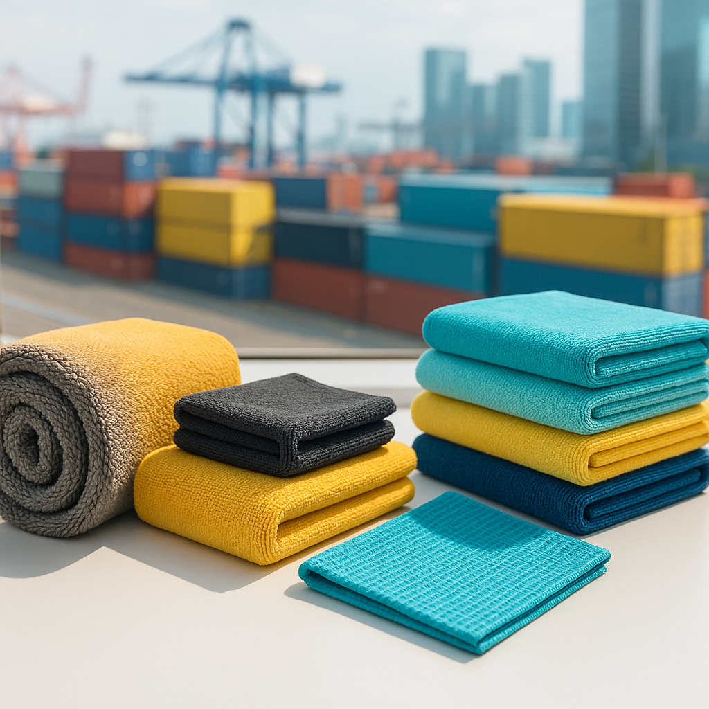 Stacks of colorful microfiber towels ready for e-commerce shipment in Guangdong