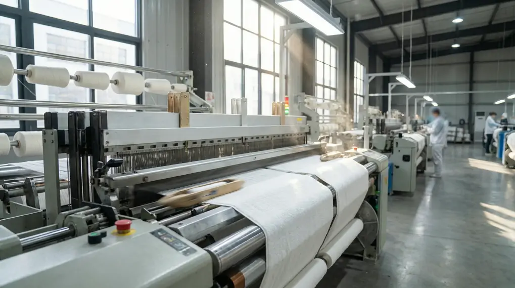 High-tech automated loom weaving cotton towels in clean factory environment
