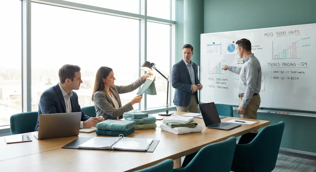 B2B bulk towel procurement meeting in modern conference room with fabric samples and MOQ pricing charts