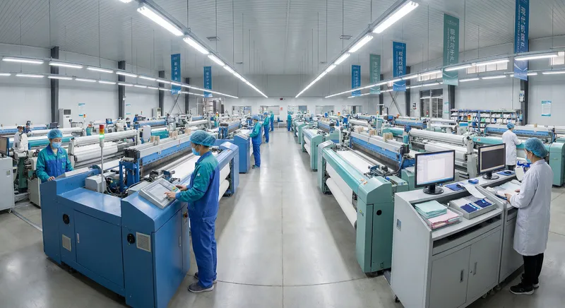 Modern Chinese textile factory with towel production lines