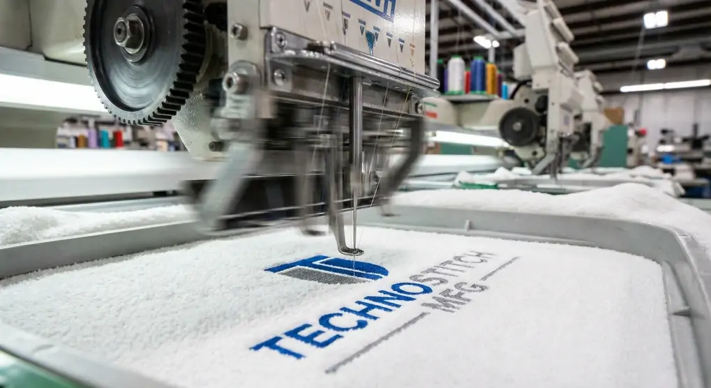 High speed embroidery machine stitching logo on custom towel