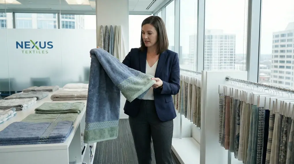 Professional business woman testing custom towels in modern textile showroom