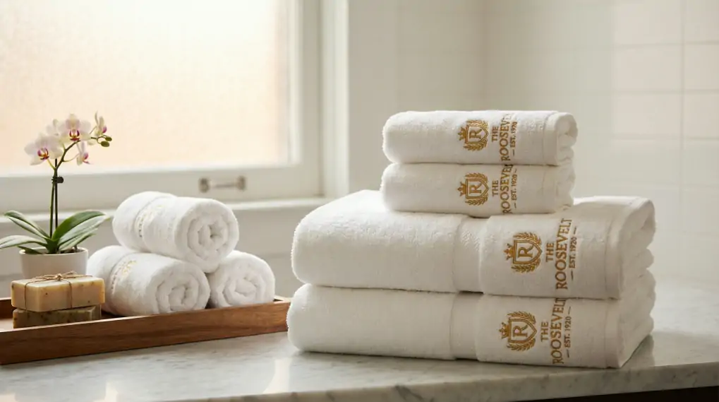 Luxury hotel towels with custom embroidery displayed elegantly