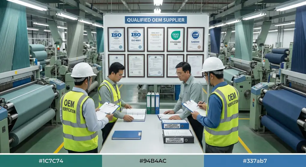 OEM textile supplier verification process with factory floor audit and compliance documentation