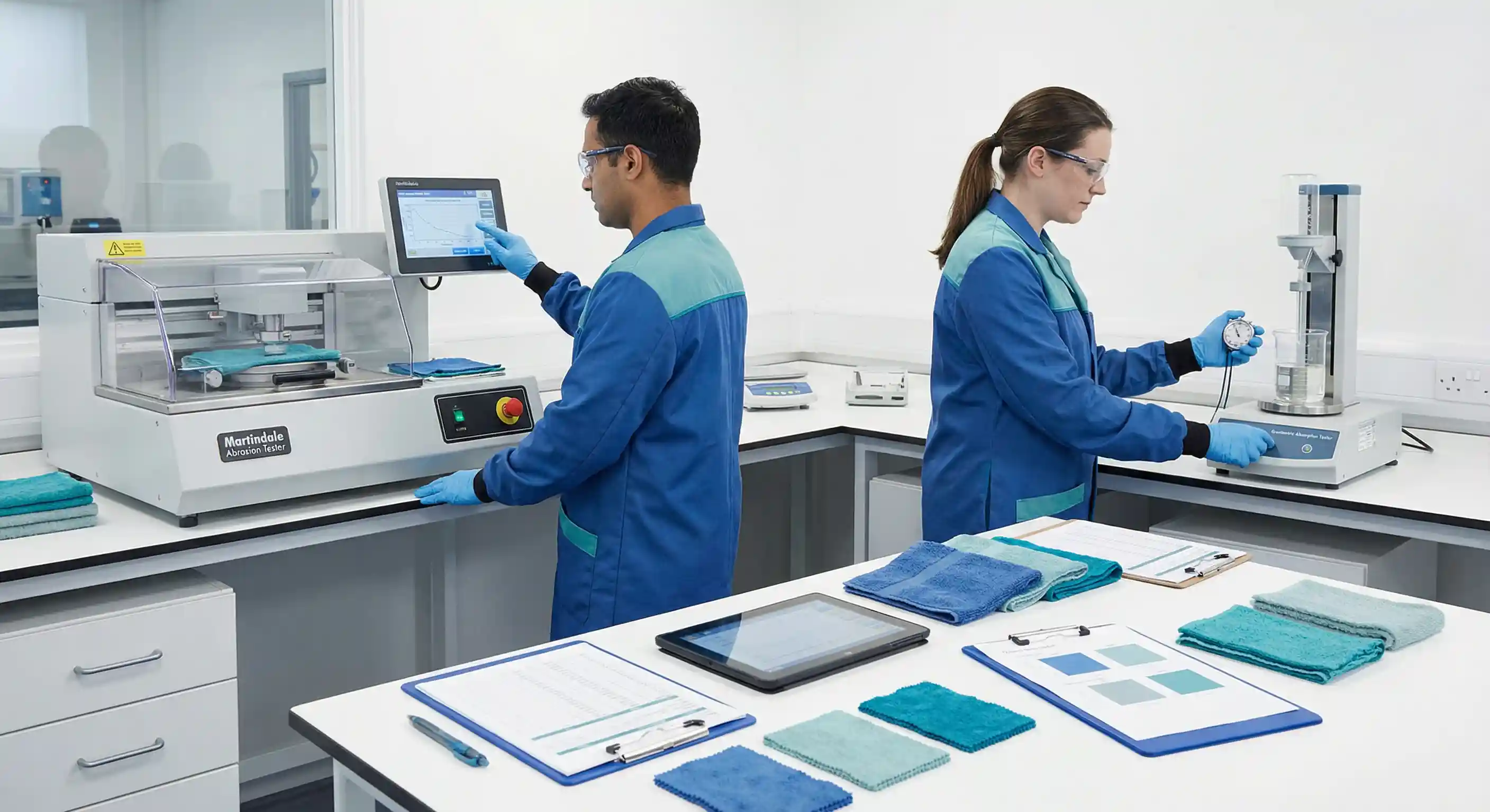 Quality control inspector examining towel samples in laboratory setting