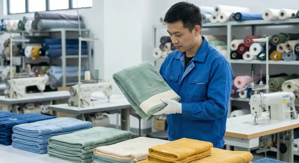 Professional textile factory worker examining custom towels quality in clean manufacturing environment