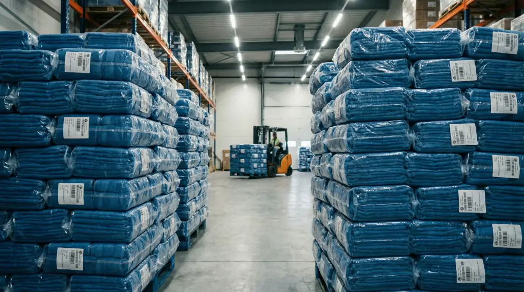 Vacuum sealed towels in warehouse ready for international shipping