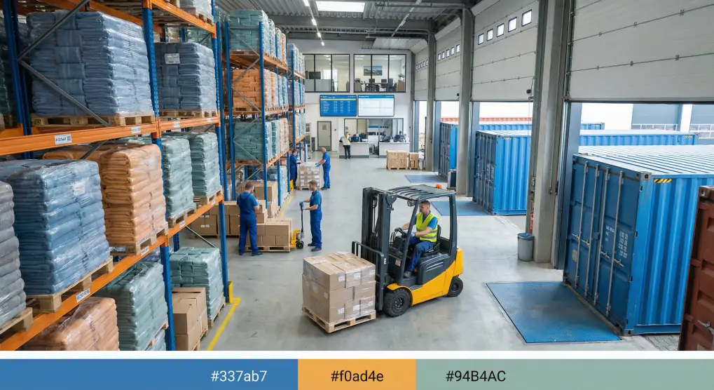 Professional wholesale towel logistics and shipping operations with organized inventory and forklift operations