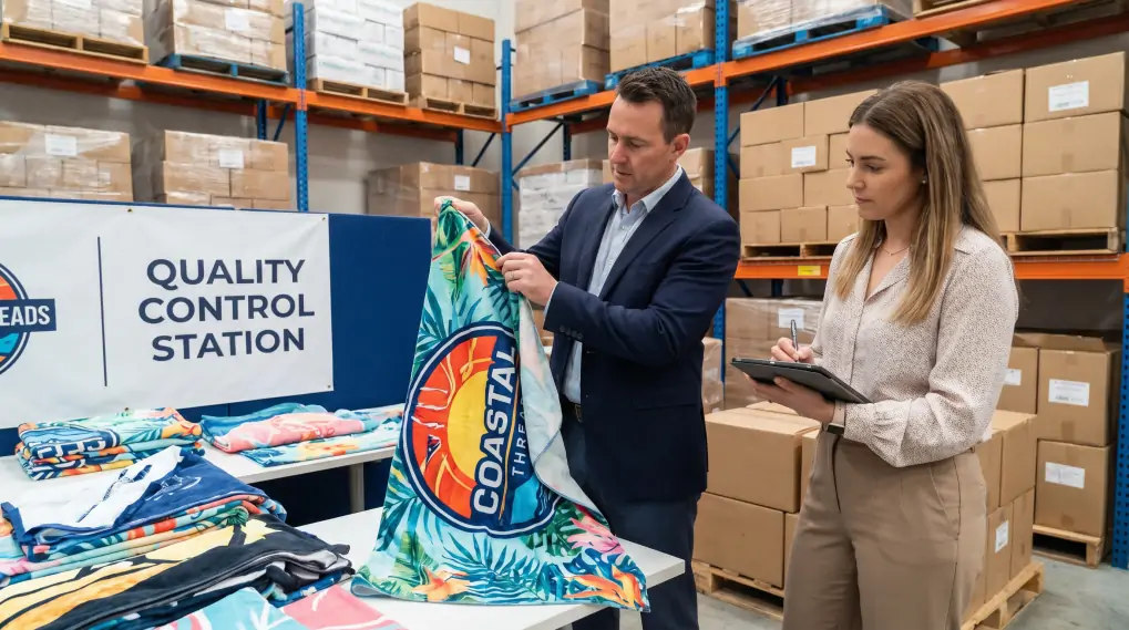 Business professional examining custom printed beach towels in warehouse quality inspection
