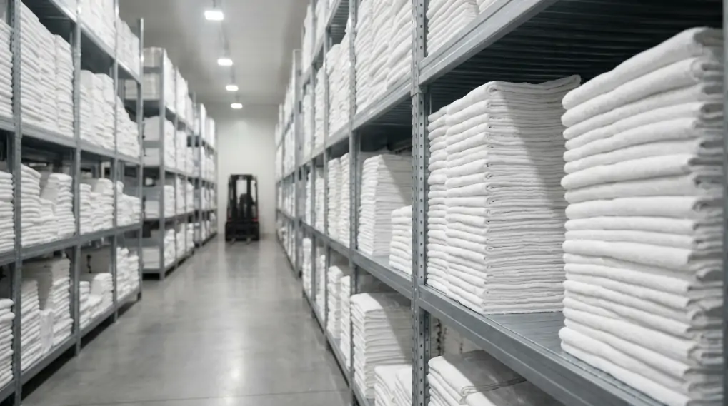 Neatly stacked bulk white cotton towels in warehouse storage facility organized inventory shelving