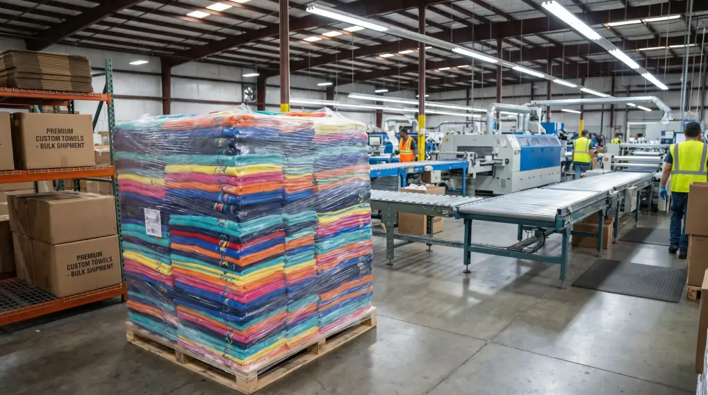 Large stack of premium custom beach towels in factory warehouse bulk manufacturing production line