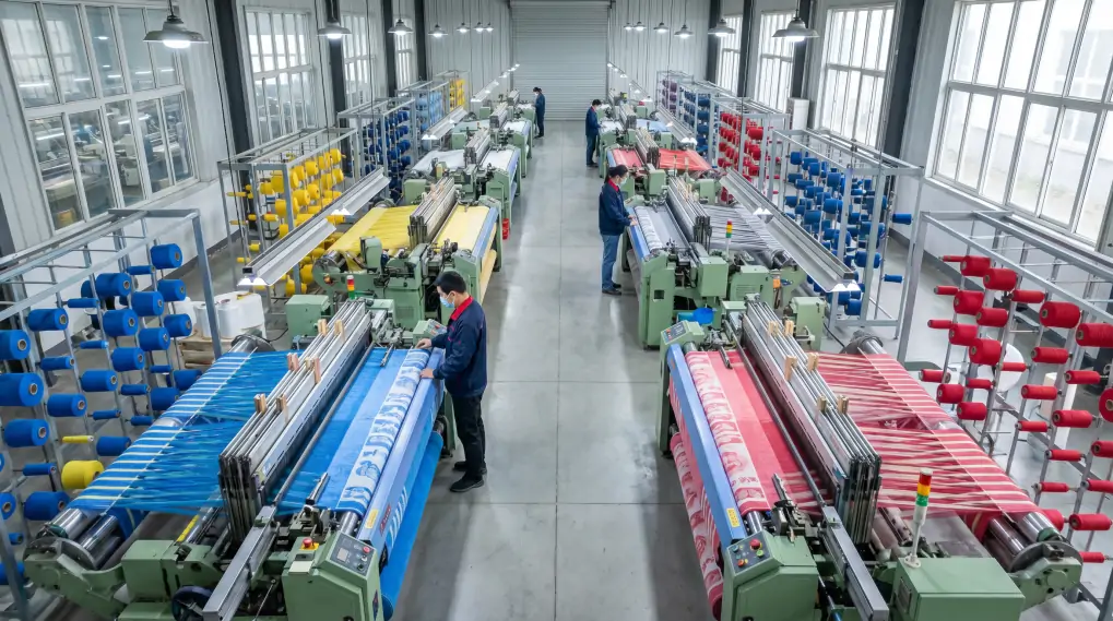 Modern textile factory in China with industrial jacquard weaving looms and colorful cotton yarn production