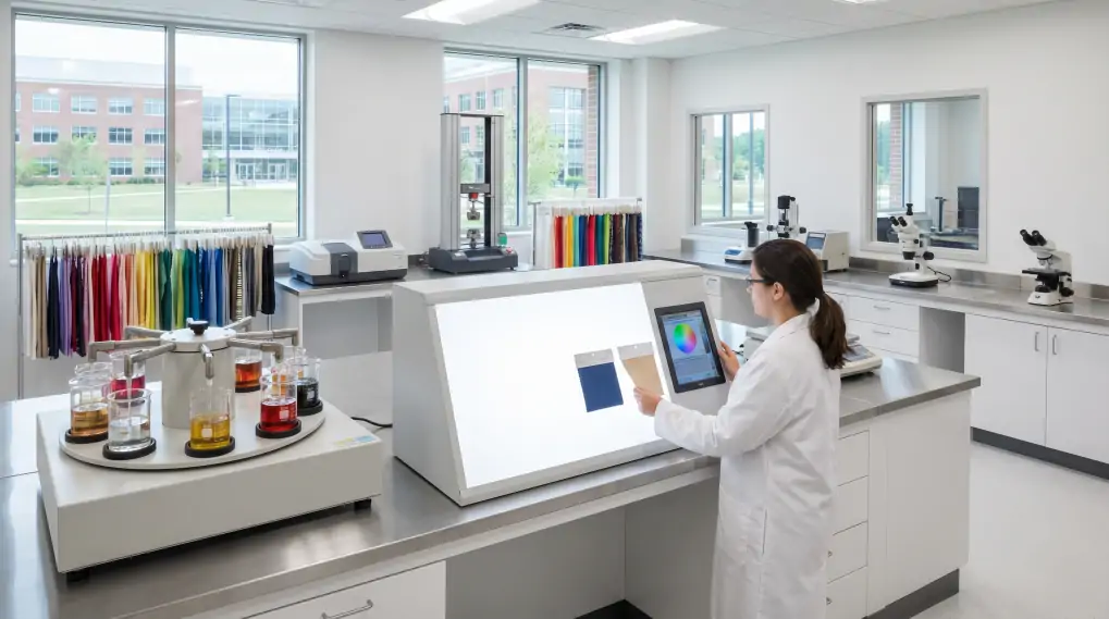 Professional textile laboratory with color matching equipment and colorfastness testing instruments