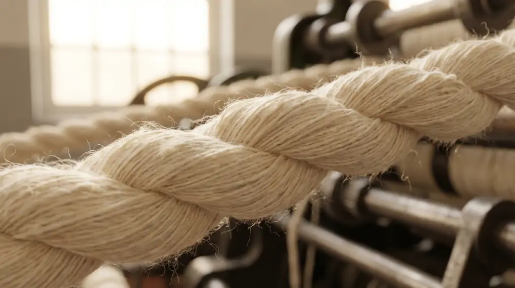 Extreme close-up of high-quality raw cotton fibers being spun into yarn for custom towel production